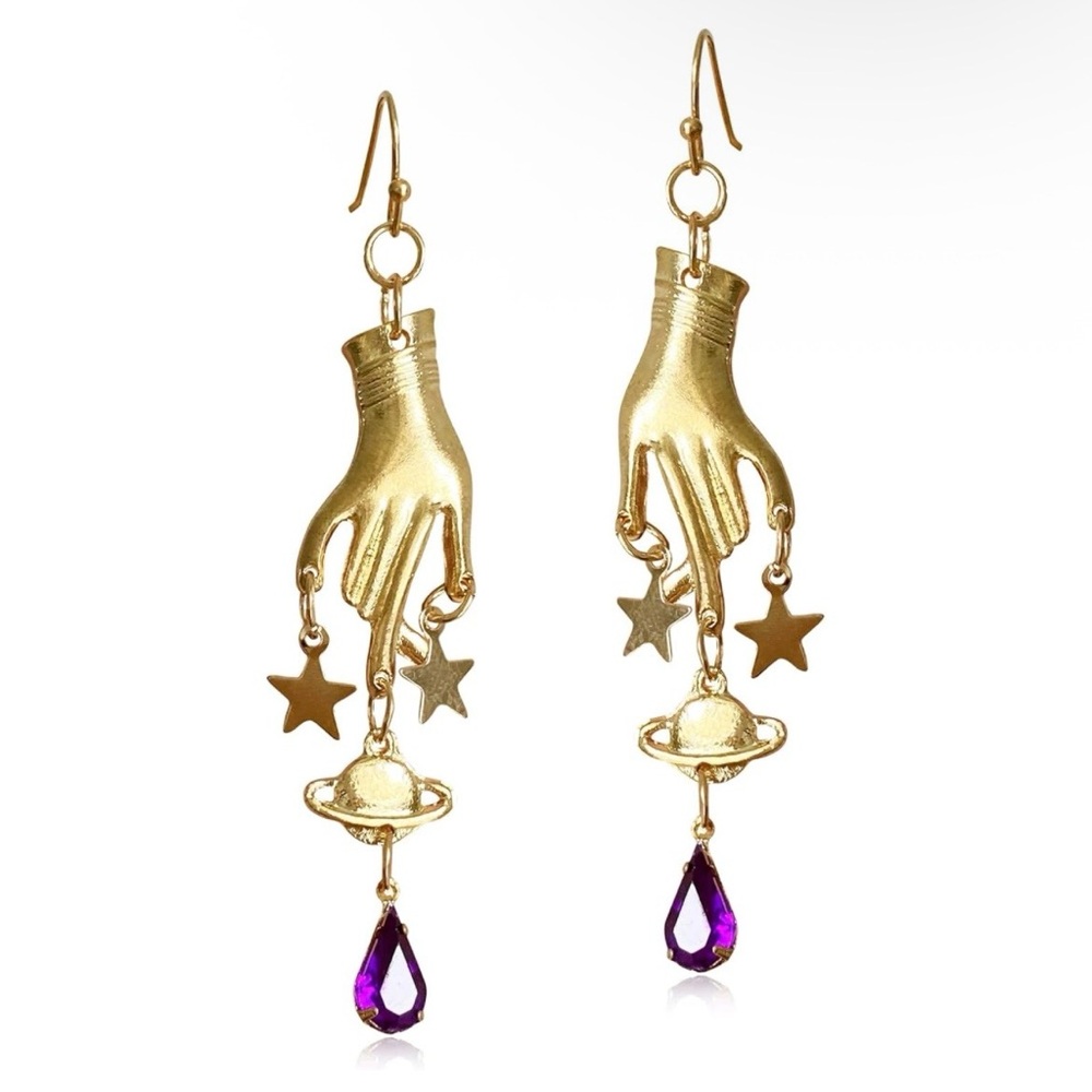 Gold and Purple Hand Dangle Earrings